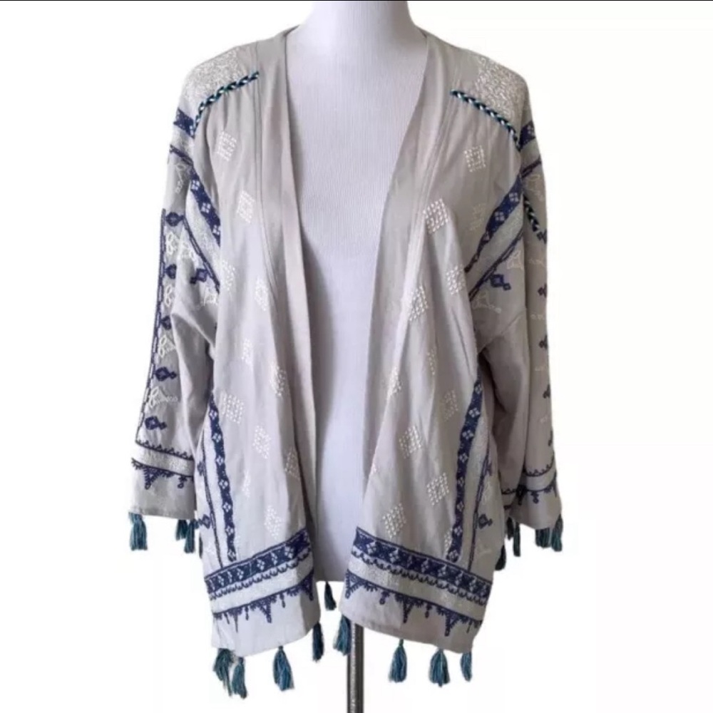 Living Planet Embroidered Tassel Open Front Cardigan Size Medium Bohemian Hippie